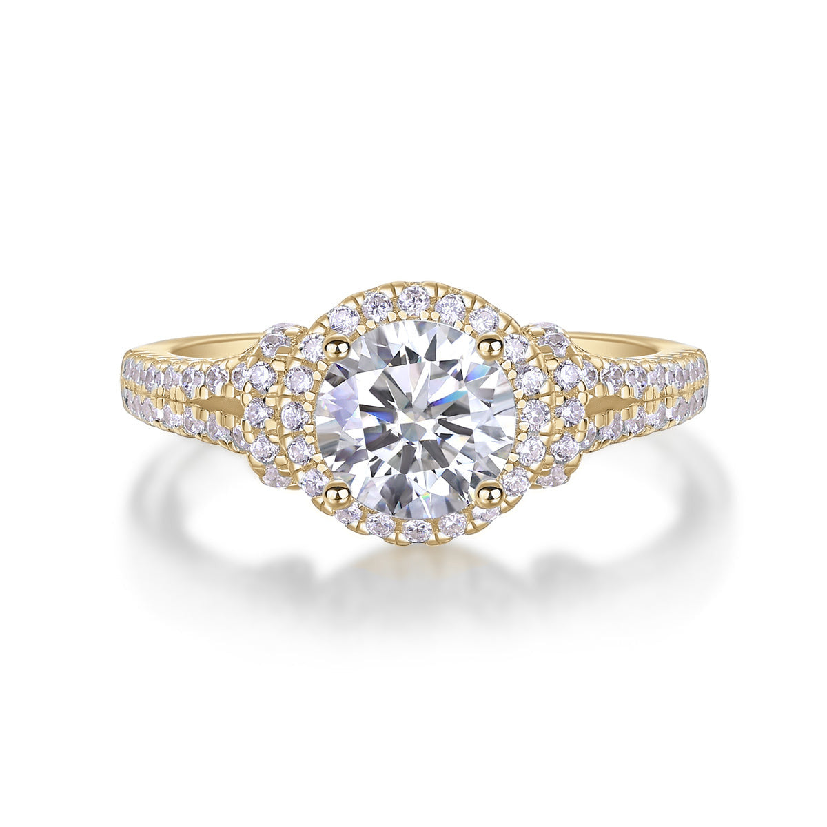 Laura Round Moissanite Split Shank Halo Engagement Ring in 18K yellow gold plating, front view