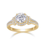 Laura Round Moissanite Split Shank Halo Engagement Ring in 18K yellow gold plating, front view