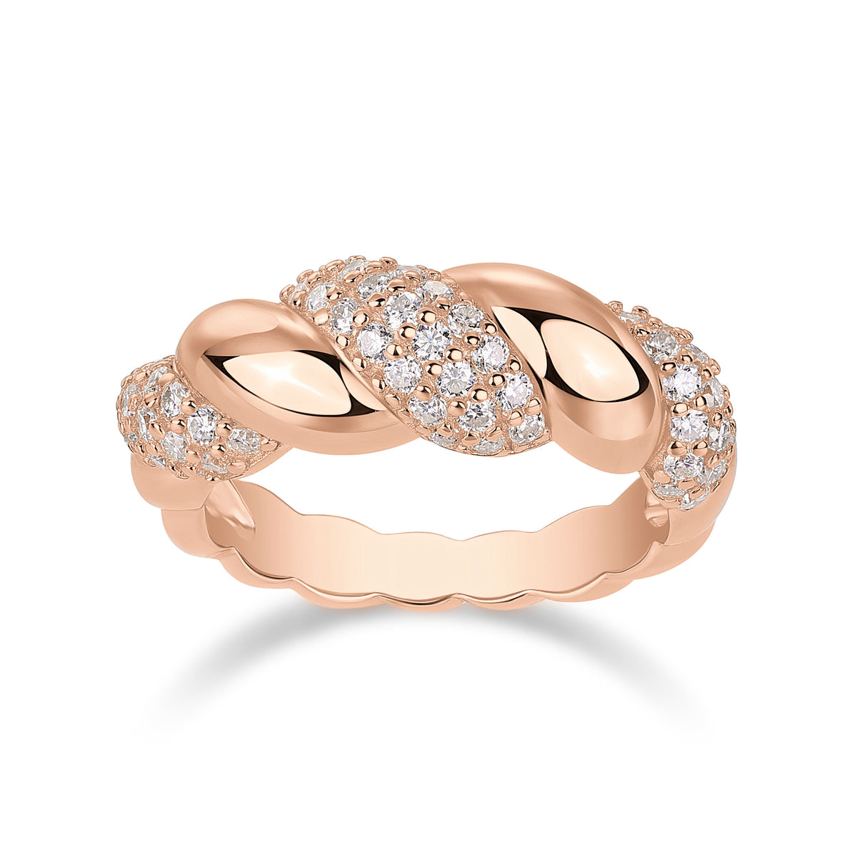 Laurel Moissanite Pavé Rope Twist Ring in 18K rose gold plating, front view