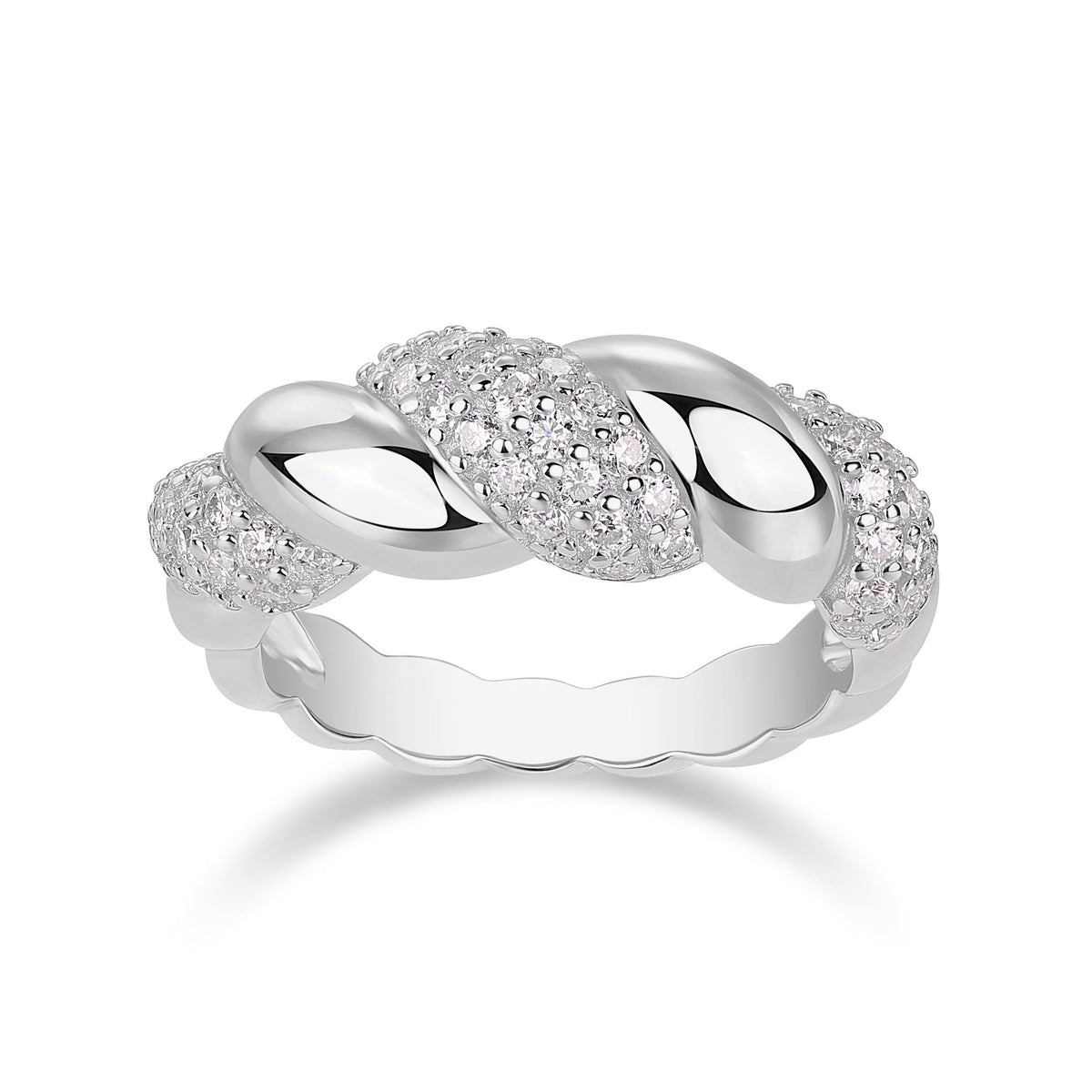 Laurel Moissanite Pavé Rope Twist Ring in 18K white gold plating, front view