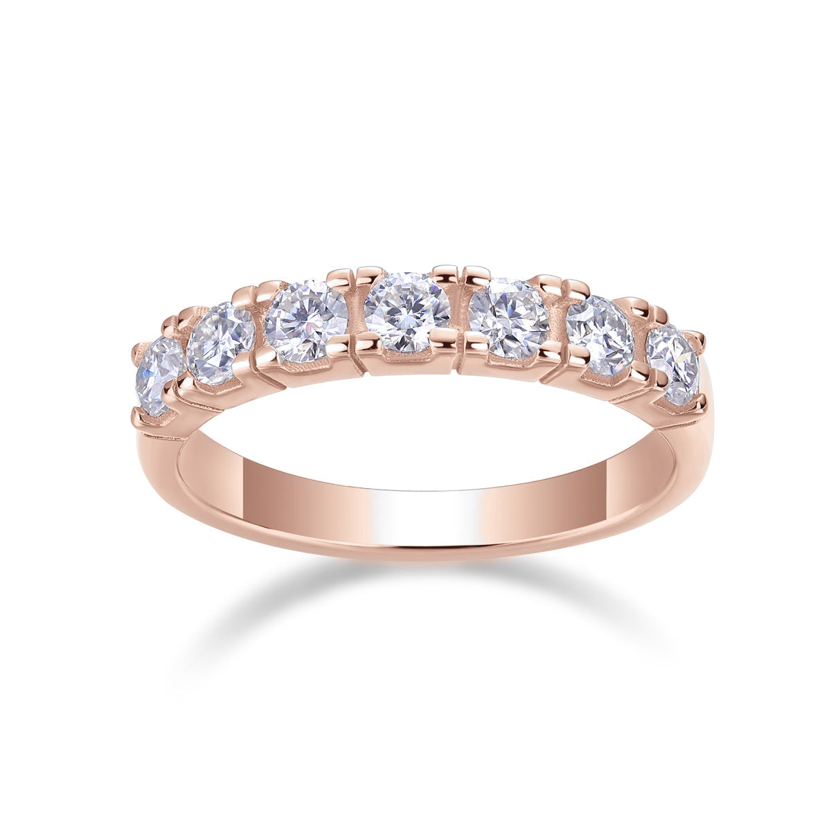 Leah Round Moissanite Half Eternity Band in 18K rose gold plating, front view