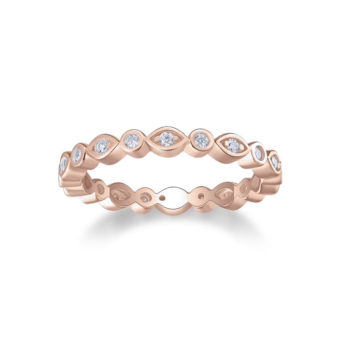 Liana Round Moissanite Bezel Eternity Band in 18K rose gold plating, front view