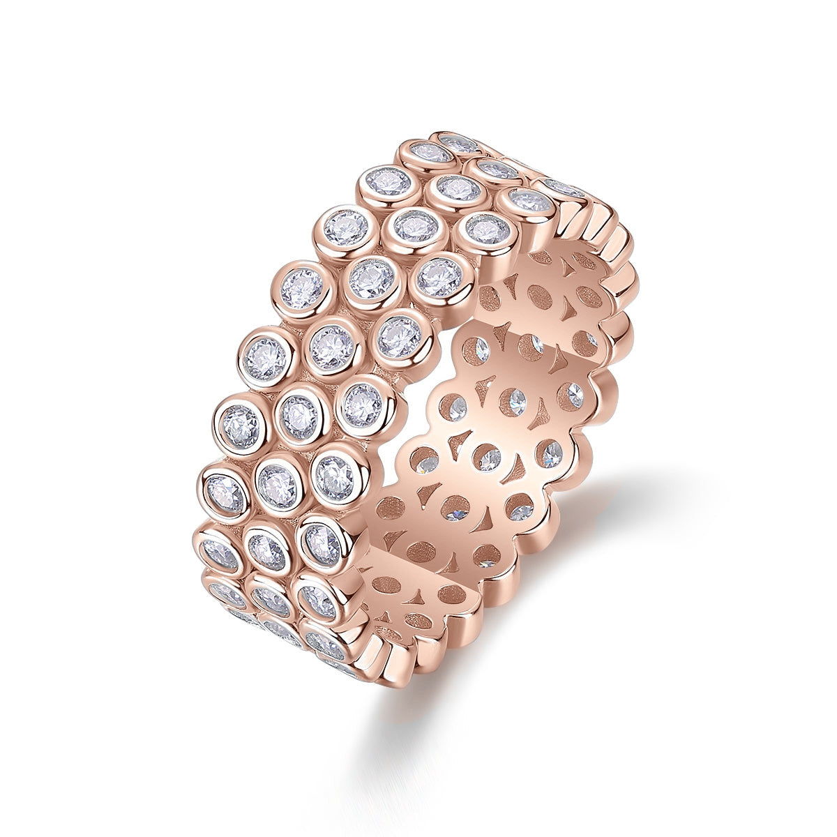 Lila Round Moissanite Three Row Bezel Eternity Band in 18K rose gold plating