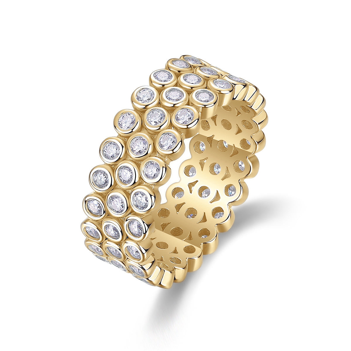 Lila Round Moissanite Three Row Bezel Eternity Band in 18K yellow gold plating