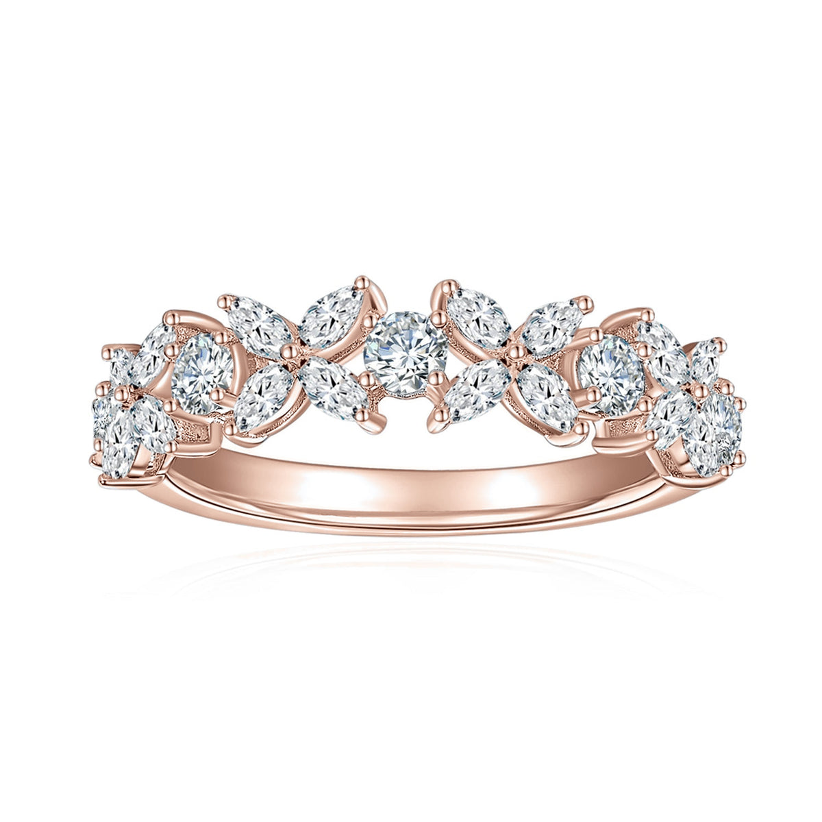 Lily Moissanite Floral Half Eternity Band in 18K rose gold plating, front view