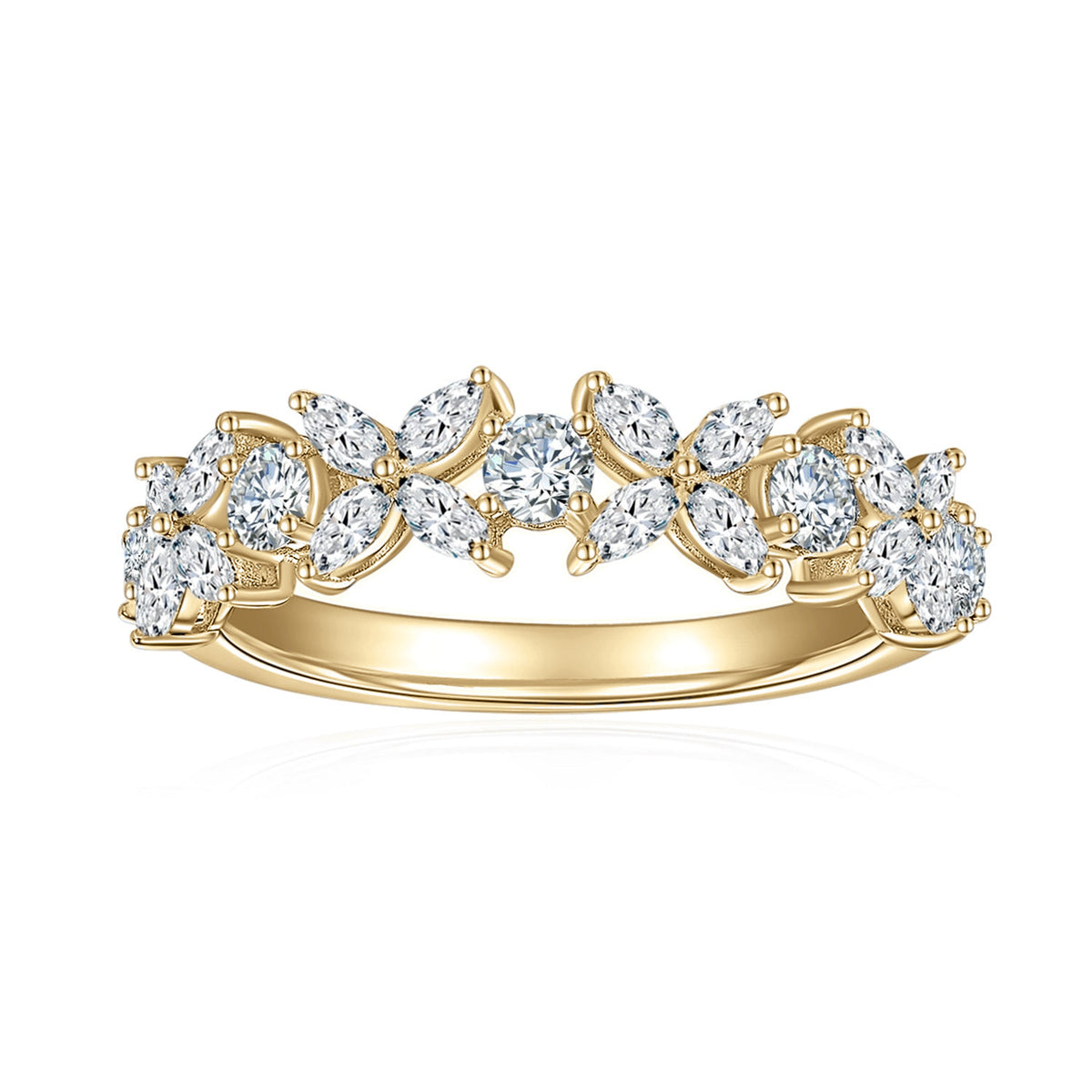 Lily Moissanite Floral Half Eternity Band in 18K yellow gold plating, front view