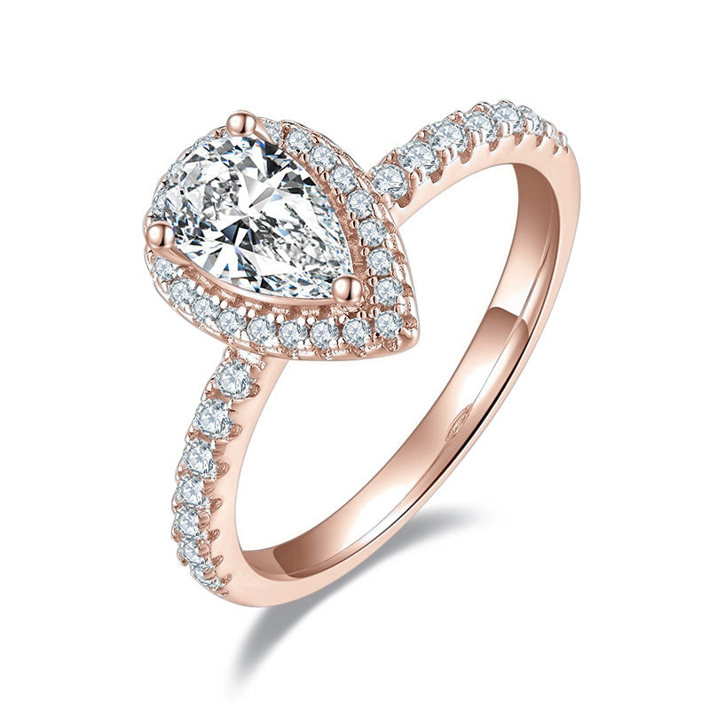 Lindy Pear Moissanite Halo Engagement Ring in 18K rose gold plating