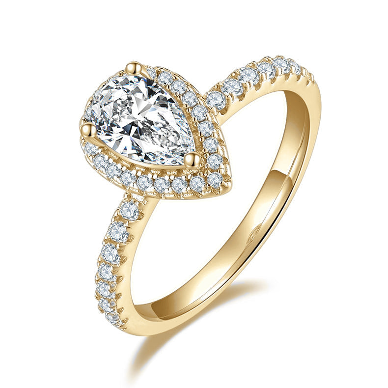 Lindy Pear Moissanite Halo Engagement Ring in 18K yellow gold plating
