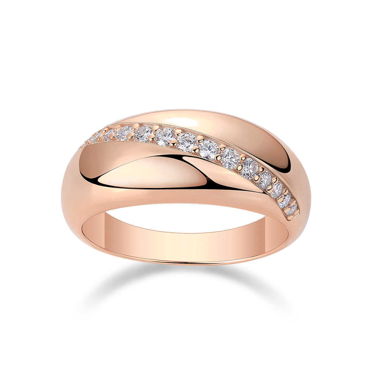 Livia Moissanite Diagonal Channel Dome Ring in 18K rose gold plating, front view