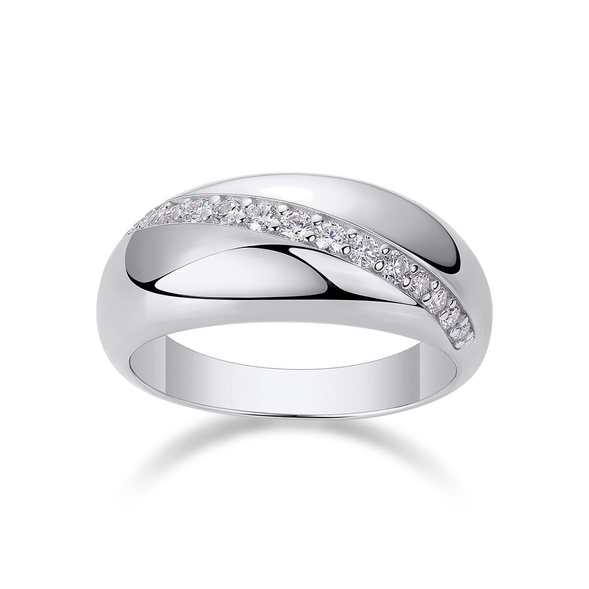 Livia Moissanite Diagonal Channel Dome Ring in 18K white gold plating, front view