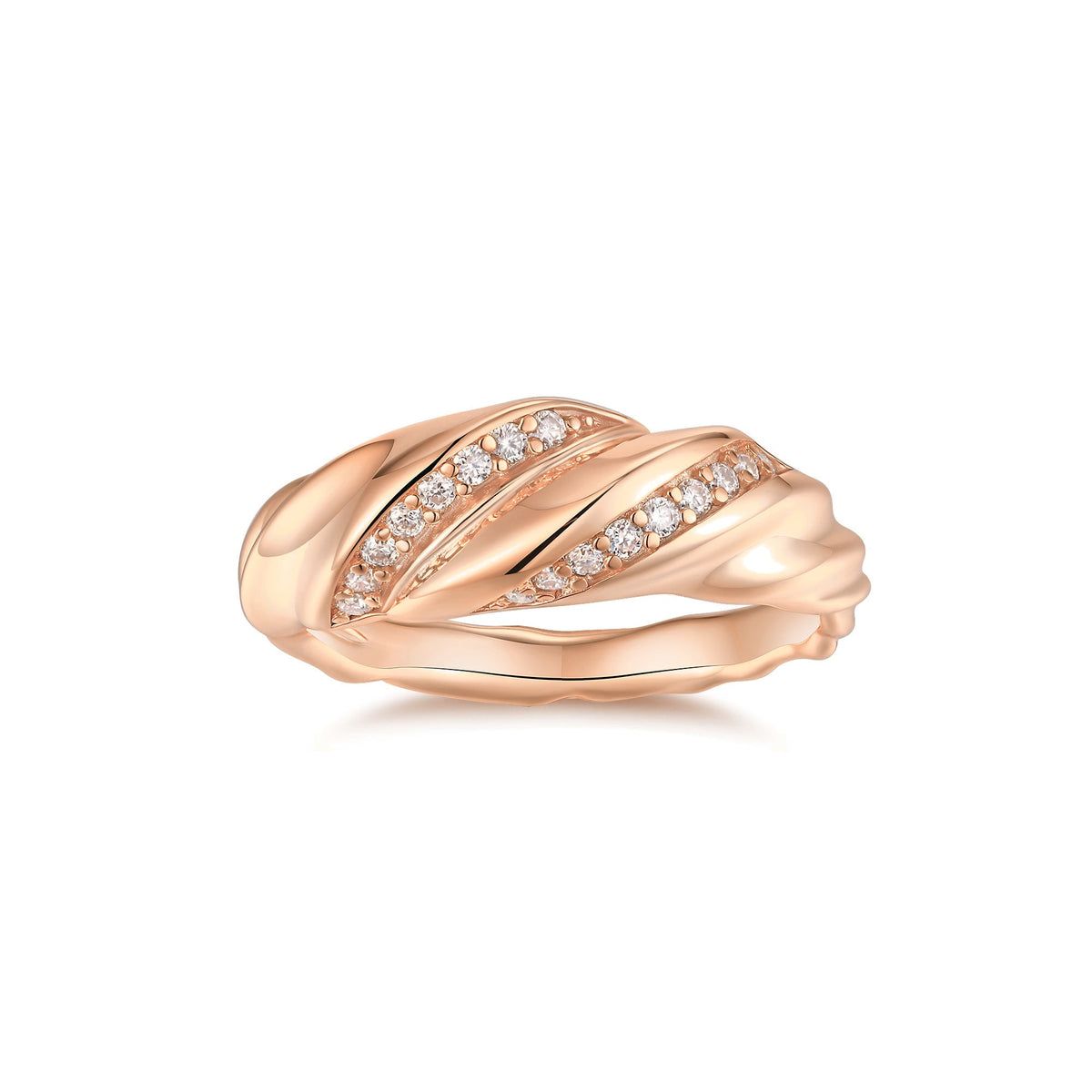 Lorena Moissanite Pavé Twist Dome Ring in 18K rose gold plating, front view