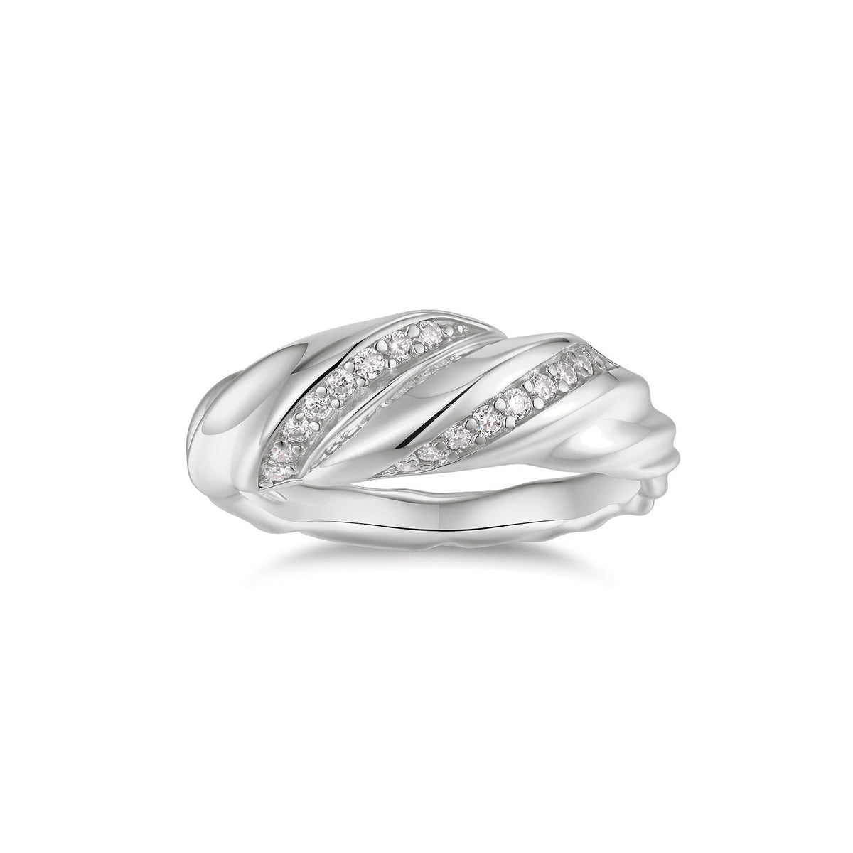 Lorena Moissanite Pavé Twist Dome Ring in 18K white gold plating, front view