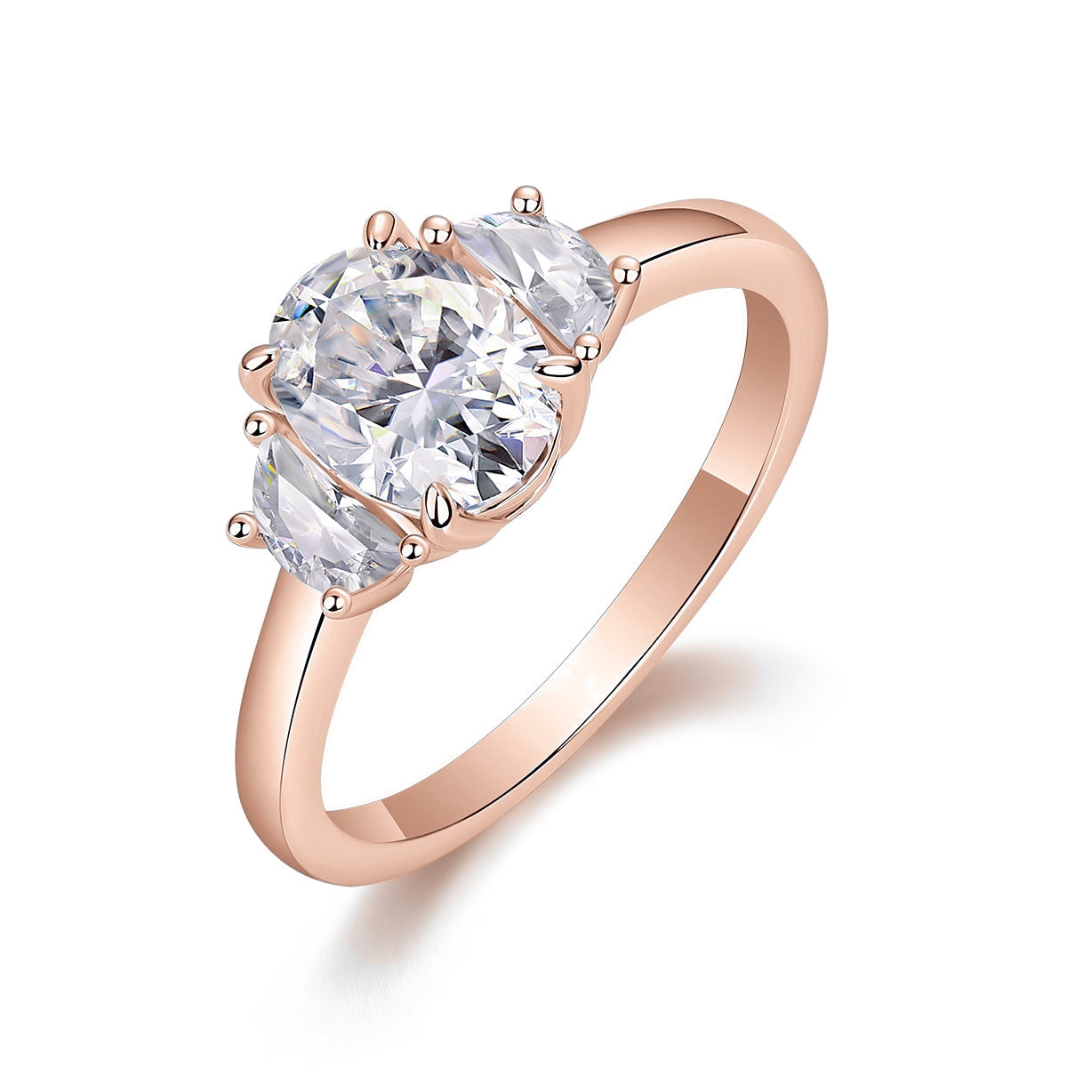 Lucy Oval Moissanite Three Stone Engagement Ring in 18K rose gold plating