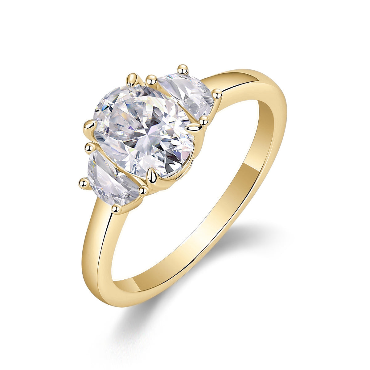 Lucy Oval Moissanite Three Stone Engagement Ring in 18K yellow gold plating