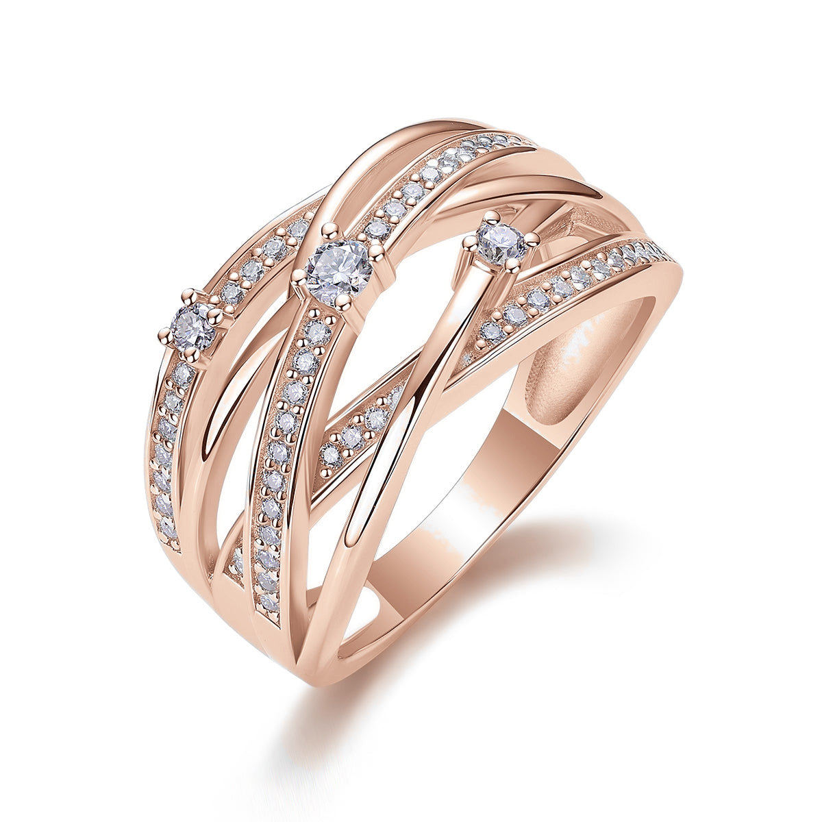 Lyra Moissanite Pavé Multi Row Crossover Ring in 18K rose gold plating