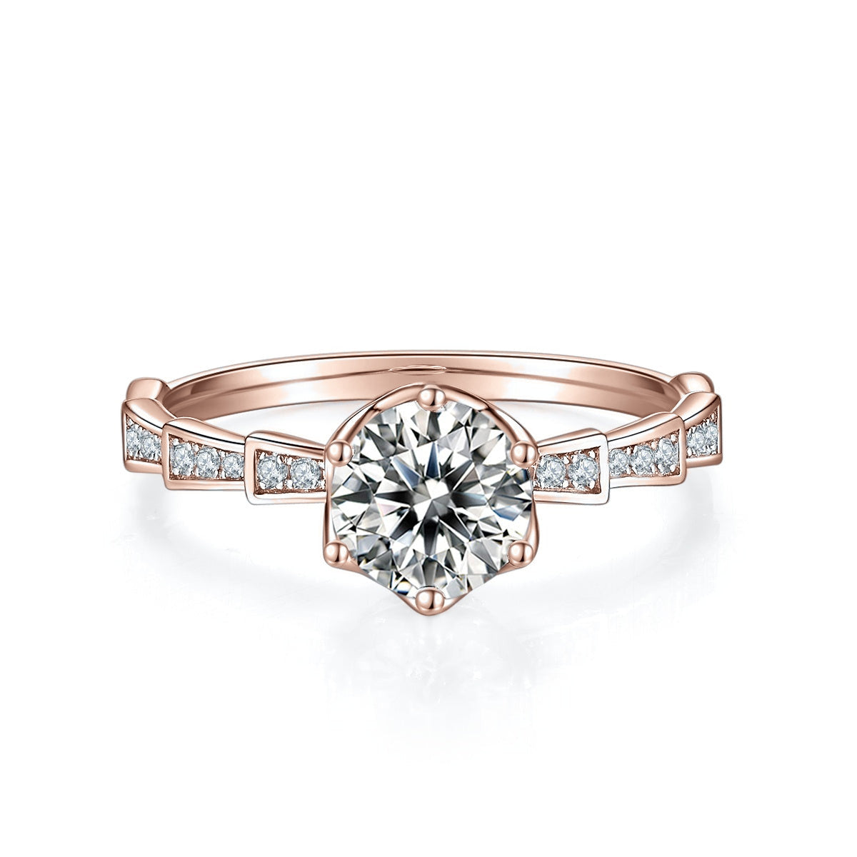 Mae Round Moissanite Art Deco Solitaire Engagement Ring in 18K rose gold plating, front view