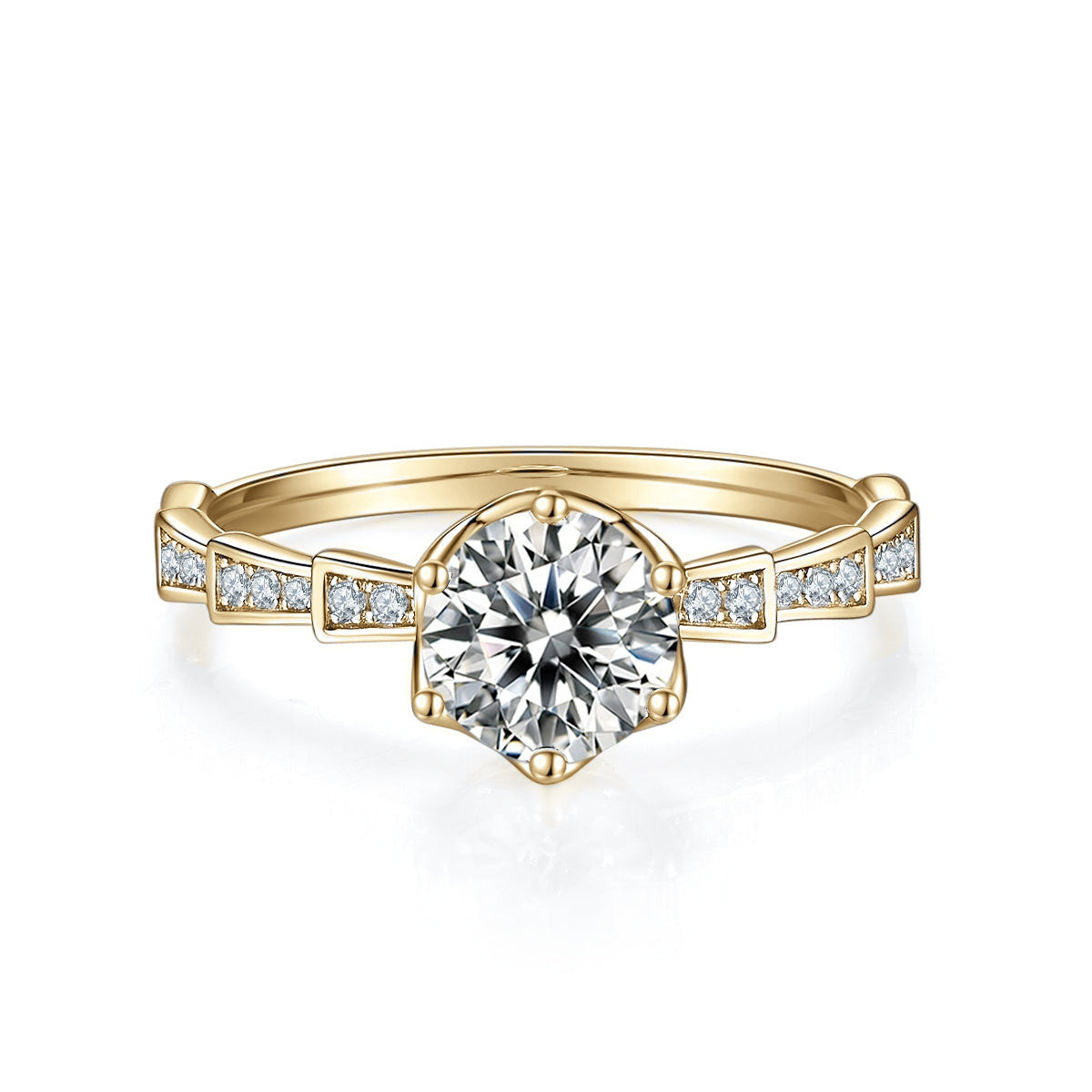Mae Round Moissanite Art Deco Solitaire Engagement Ring in 18K yellow gold plating, front view
