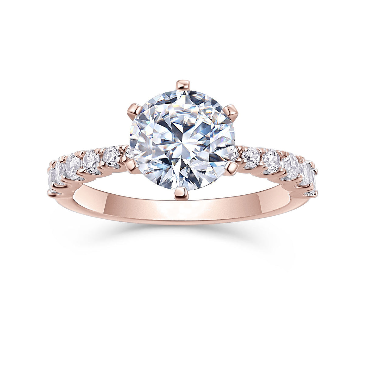 Maggie Round Moissanite Solitaire Engagement Ring in 18K rose gold plating, front view