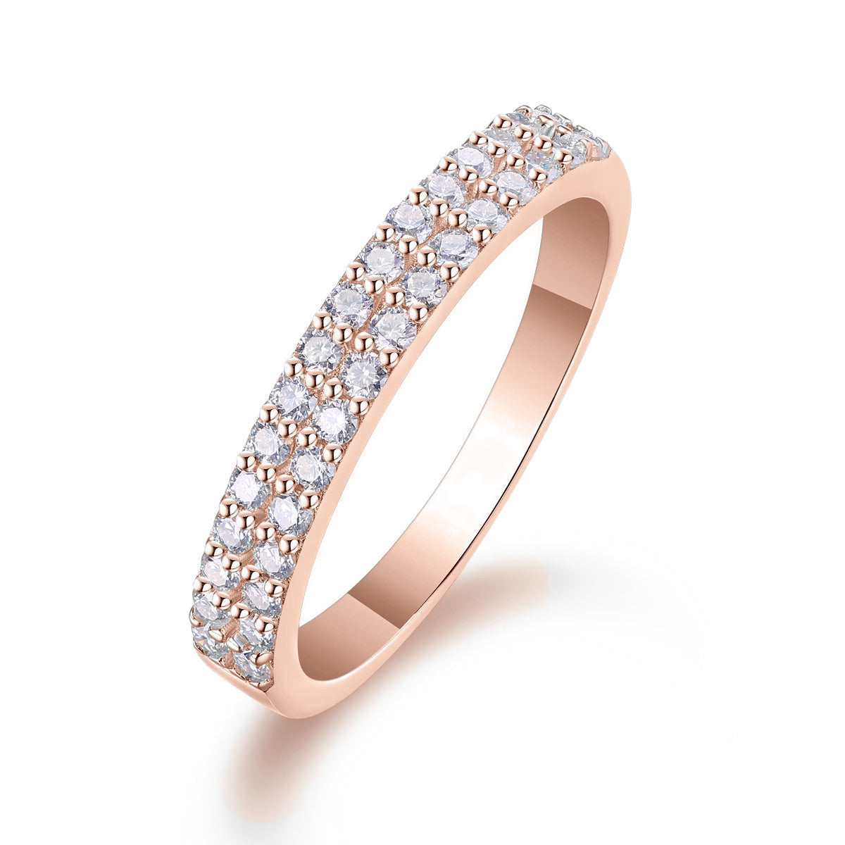 Mara Round Moissanite Double Row Pavé Wedding Band in 18K rose gold plating