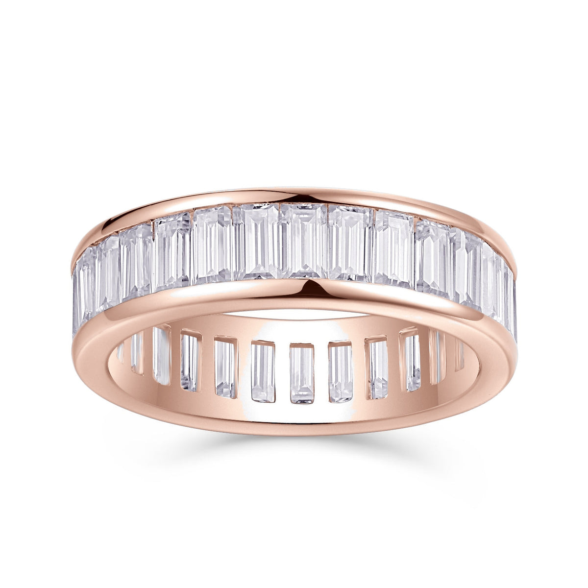 Maren Baguette Moissanite Channel Eternity Band in 18K rose gold plating, front view