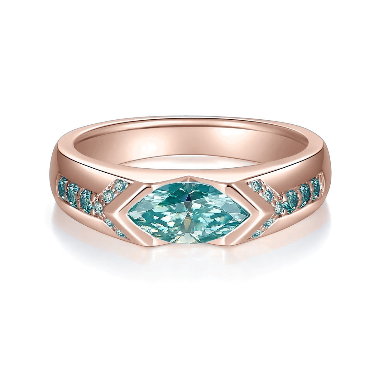 Margo Teal Marquise Moissanite Art Deco Ring in 18K rose gold plating, front view
