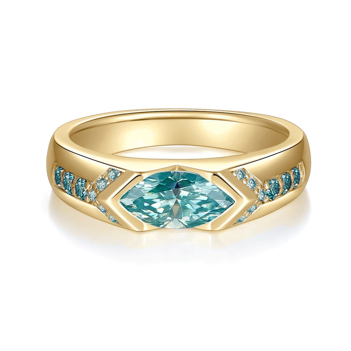 Margo Teal Marquise Moissanite Art Deco Ring in 18K yellow gold plating, front view