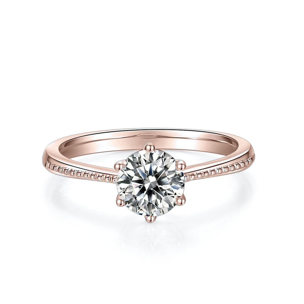 Marie Round Moissanite Six Prong Solitaire Engagement Ring in 18K rose gold plating, front view
