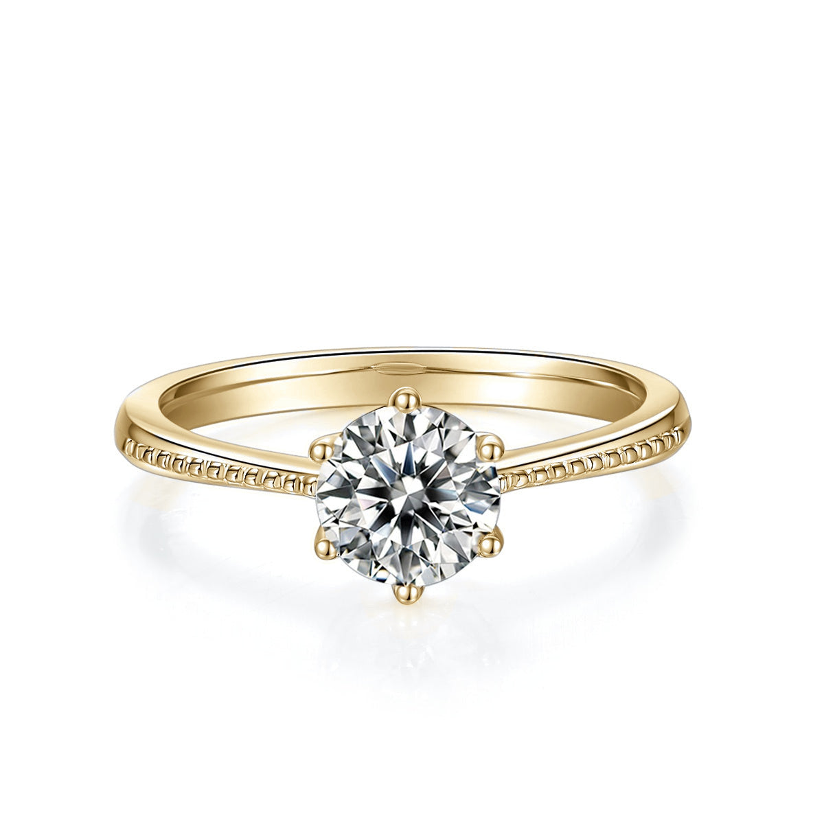 Marie Round Moissanite Six Prong Solitaire Engagement Ring in 18K yellow gold plating, front view