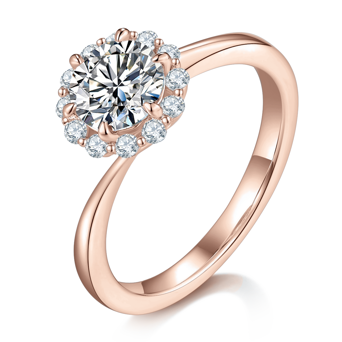 Marigold Round Moissanite Floral Halo Engagement Ring in 18K rose gold plating