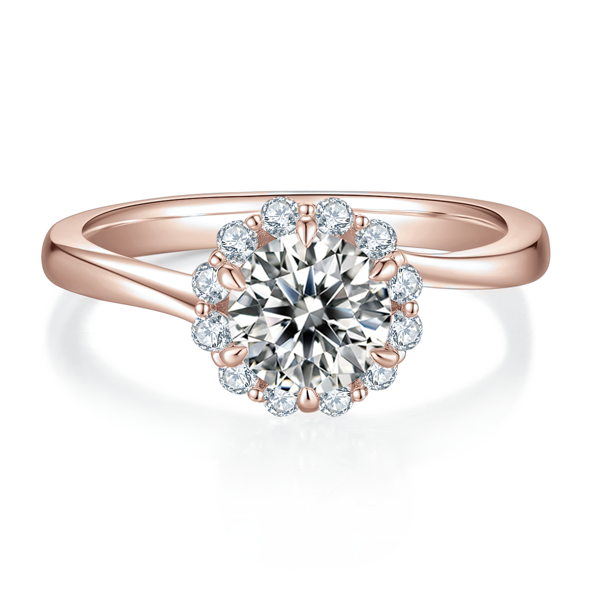 Marigold Round Moissanite Floral Halo Engagement Ring in 18K rose gold plating, front view