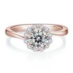 Marigold Round Moissanite Floral Halo Engagement Ring in 18K rose gold plating, front view