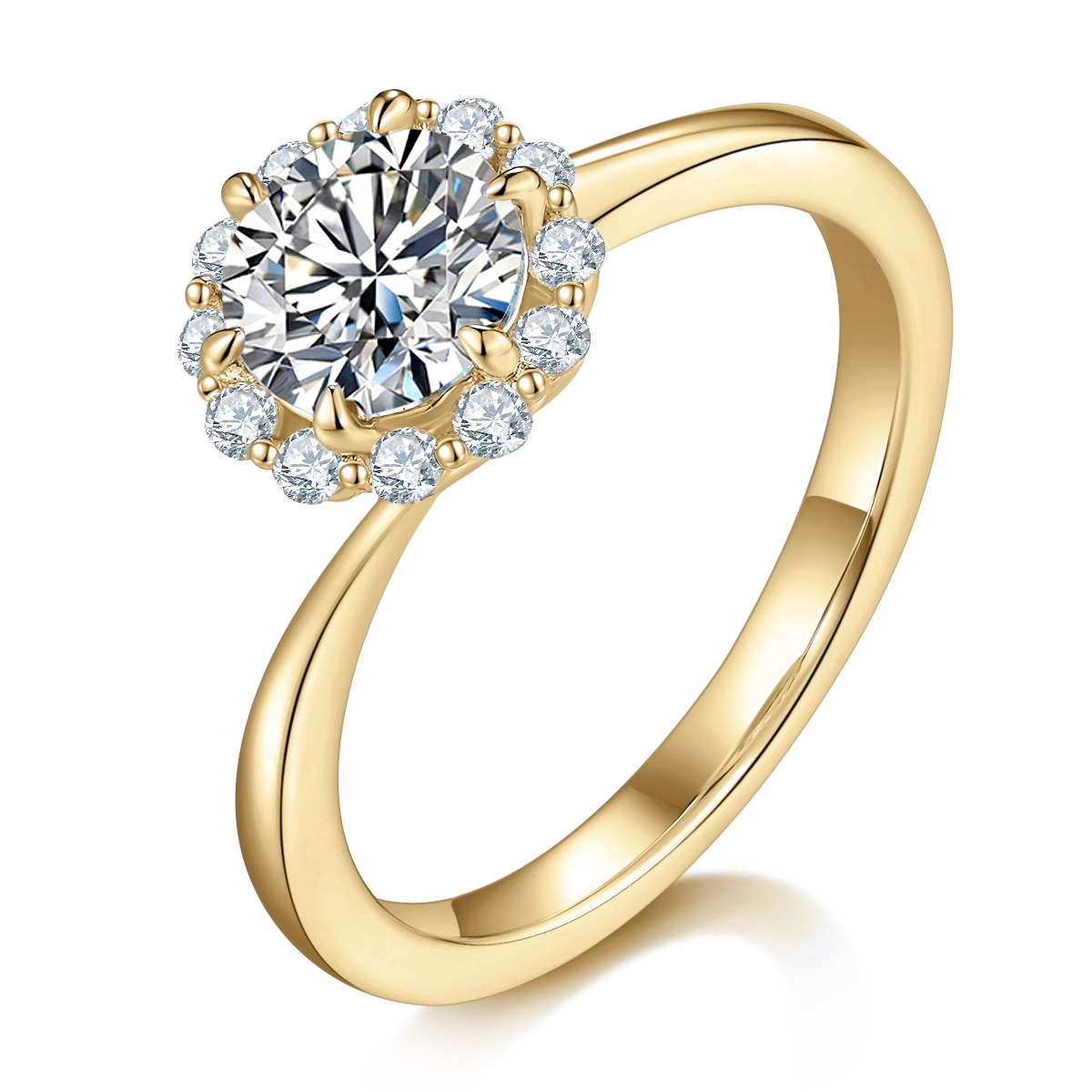 Marigold Round Moissanite Floral Halo Engagement Ring in 18K yellow gold plating