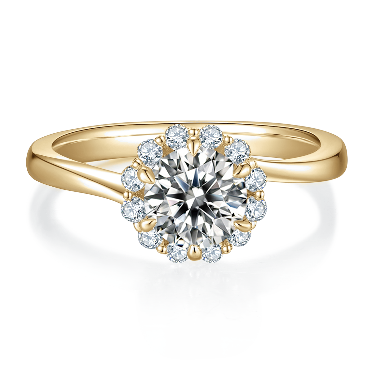 Marigold Round Moissanite Floral Halo Engagement Ring in 18K yellow gold plating, front view