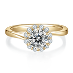 Marigold Round Moissanite Floral Halo Engagement Ring in 18K yellow gold plating, front view