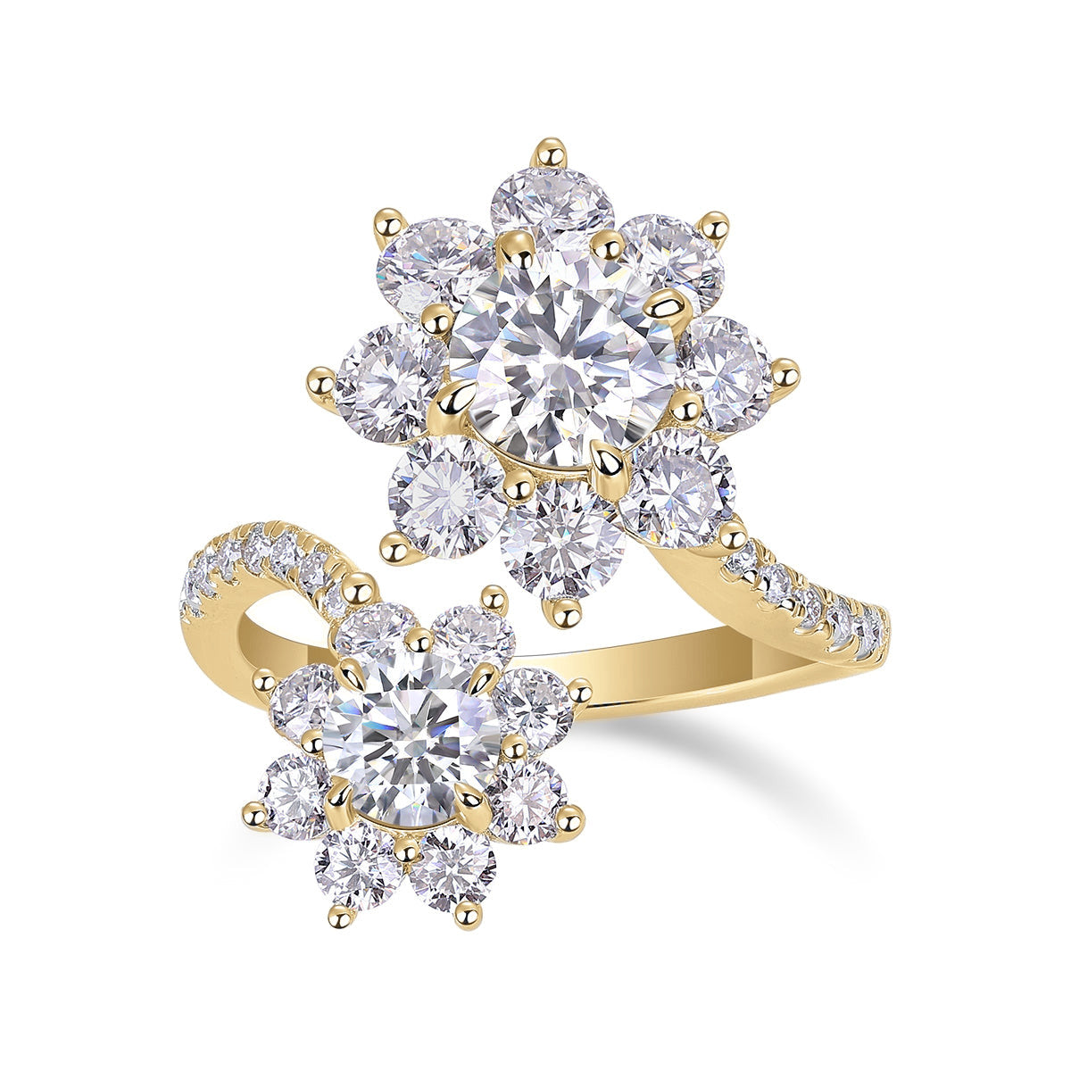 Marina Round Moissanite Toi et Moi Floral Ring in 18K yellow gold plating, front view