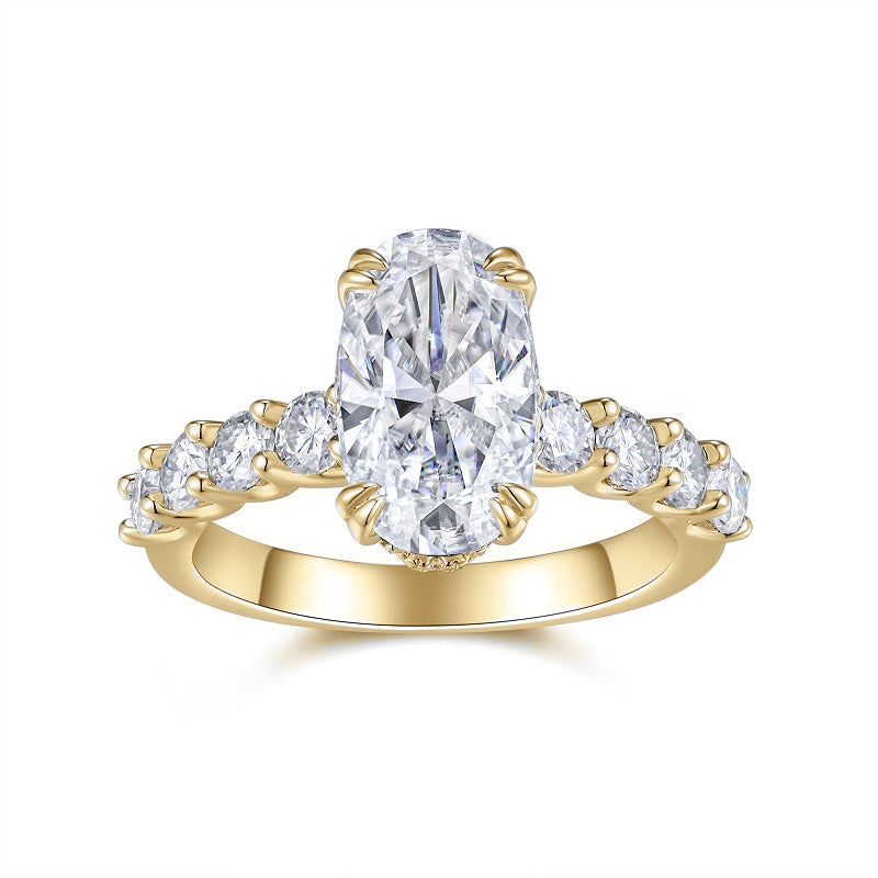 Marisa Oval Moissanite Side Stone Engagement Ring in 18K yellow gold plating, front view