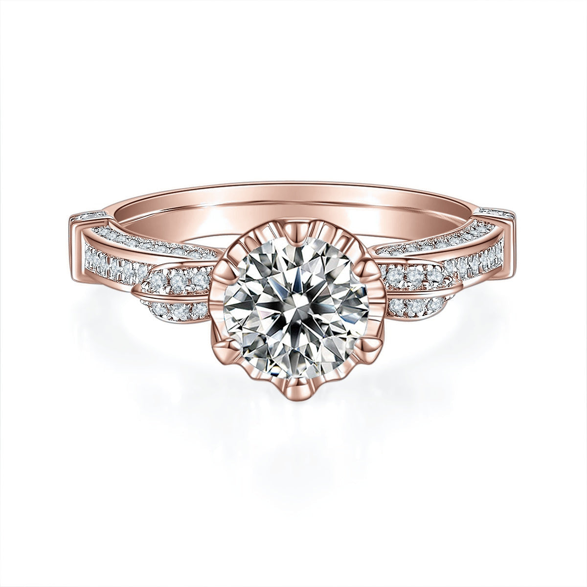 Matilda Round Moissanite Vintage Scroll Engagement Ring in 18K rose gold plating, front view