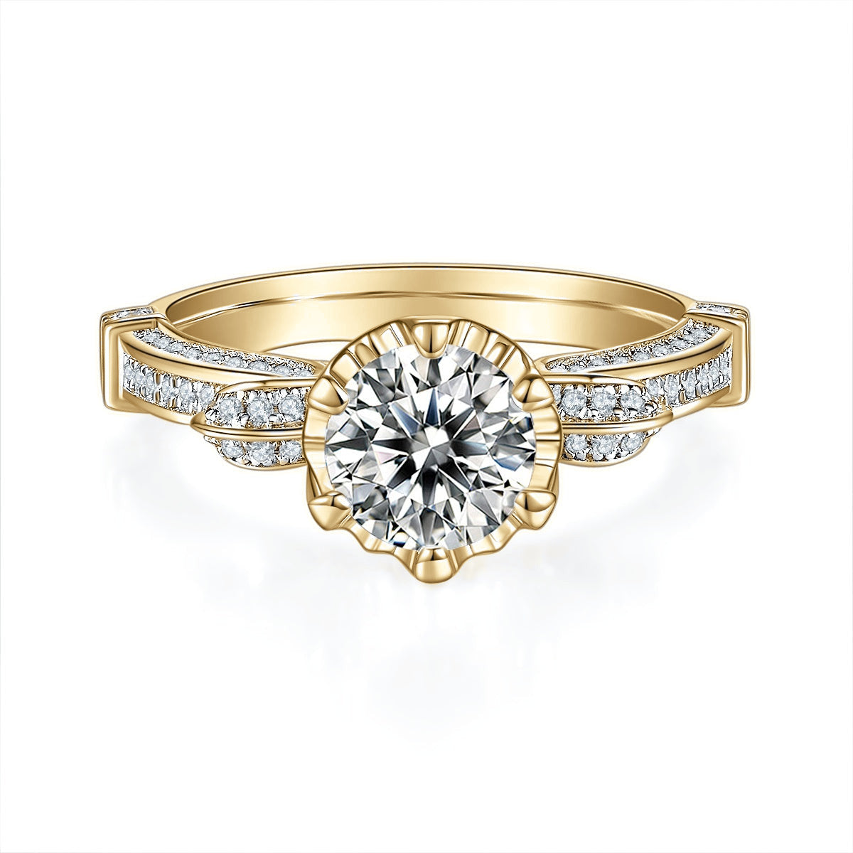 Matilda Round Moissanite Vintage Scroll Engagement Ring in 18K yellow gold plating, front view
