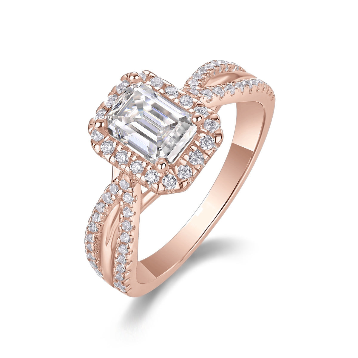 Maya Emerald Cut Moissanite Halo Engagement Ring in 18K rose gold plating, angled view