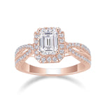 Maya Emerald Cut Moissanite Halo Engagement Ring in 18K rose gold plating, front view