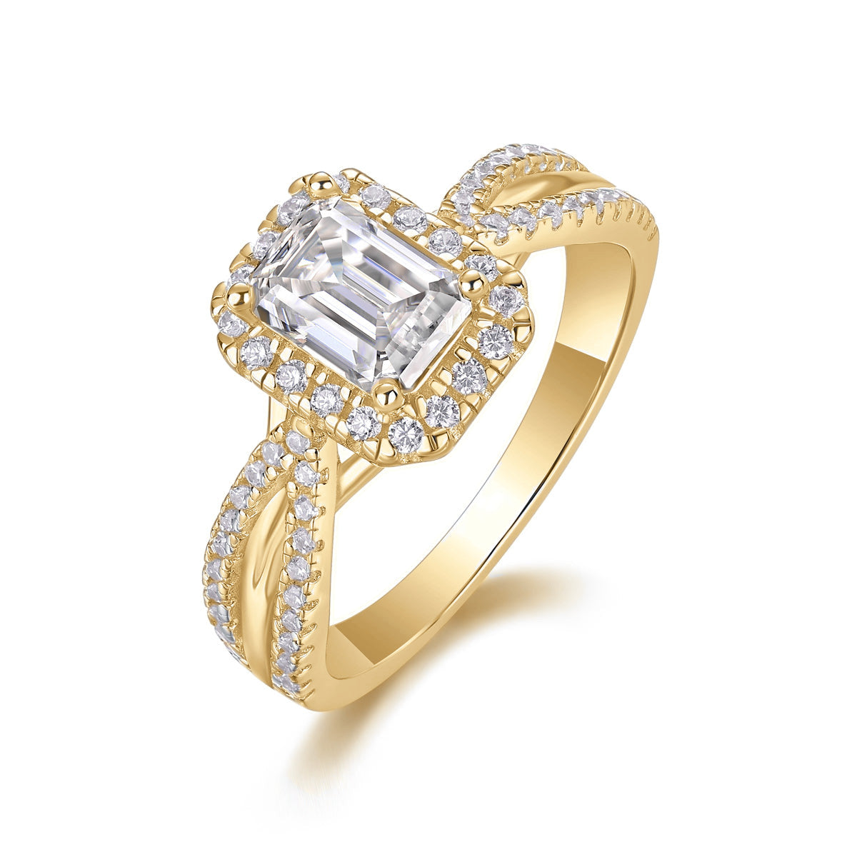 Maya Emerald Cut Moissanite Halo Engagement Ring in 18K yellow gold plating, angled view