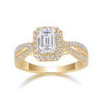 Maya Emerald Cut Moissanite Halo Engagement Ring in 18K yellow gold plating, front view