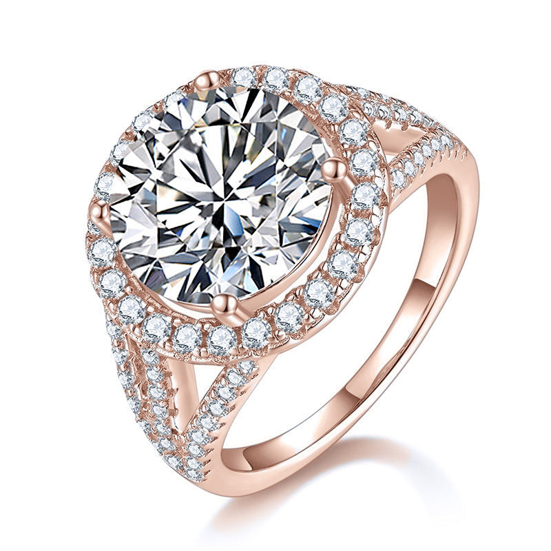 Mckenna Round Moissanite Openwork Halo Engagement Ring in 18K rose gold plating