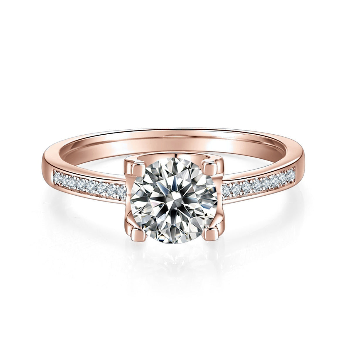 Meadow Round Moissanite Solitaire Engagement Ring in 18K rose gold plating, front view