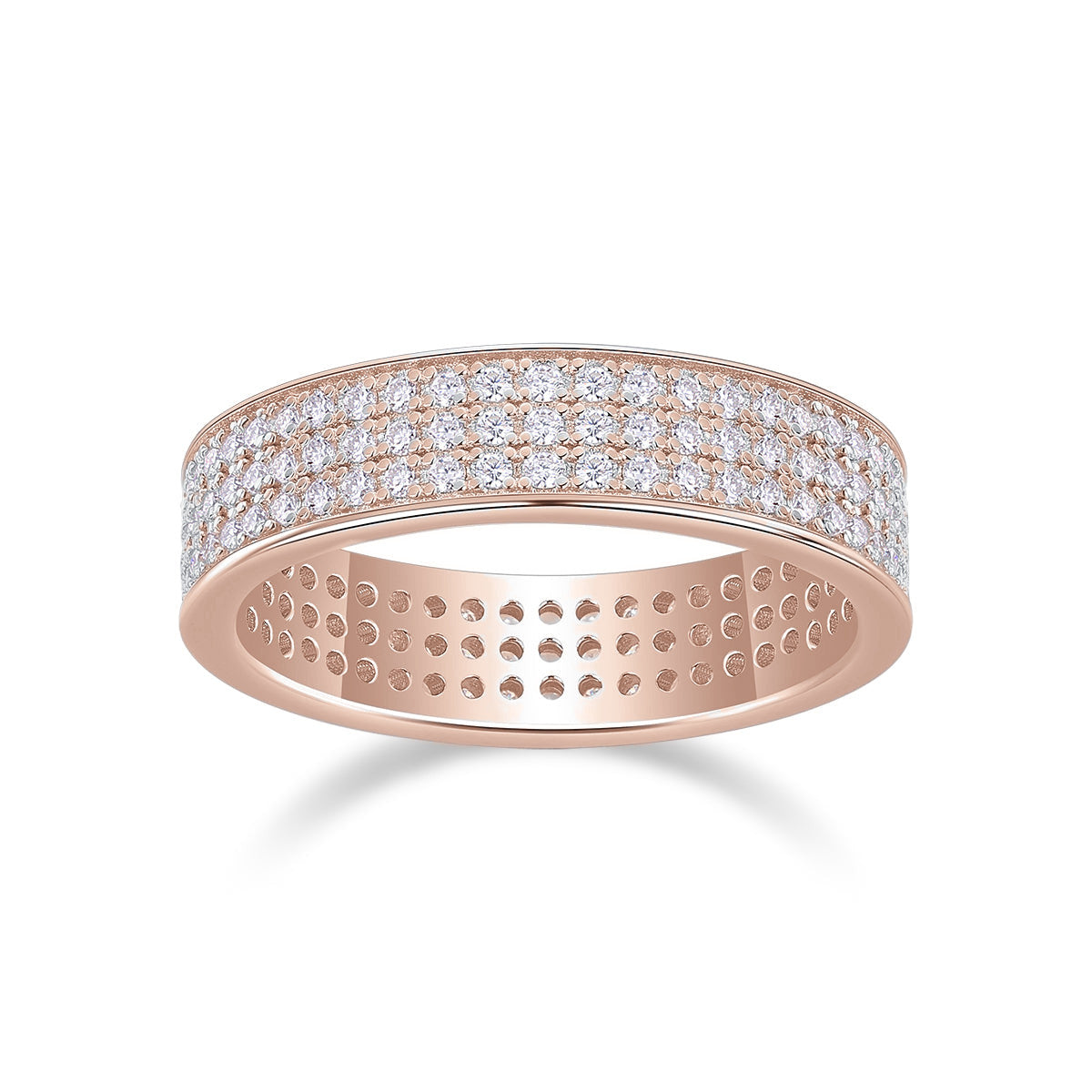 Megan Round Moissanite Wide Pavé Eternity Band in 18K rose gold plating, front view