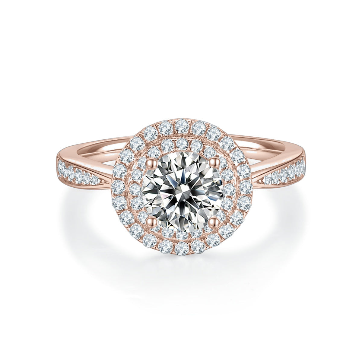 Melanie Round Moissanite Double Halo Engagement Ring in 18K rose gold plating, front view