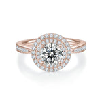 Melanie Round Moissanite Double Halo Engagement Ring in 18K rose gold plating, front view