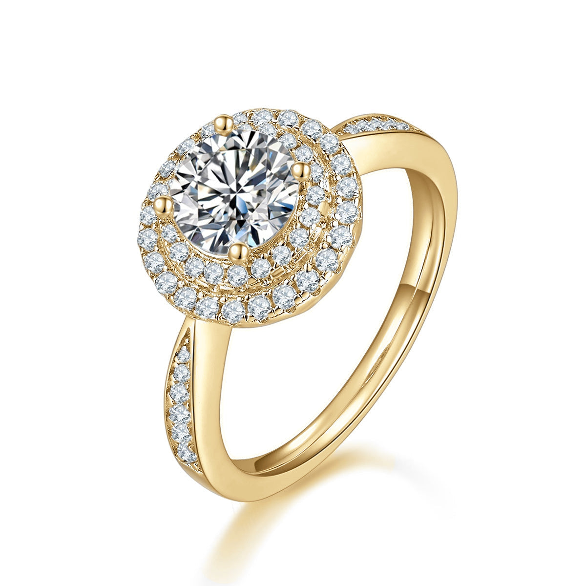 Melanie Round Moissanite Double Halo Engagement Ring in 18K yellow gold plating, front view