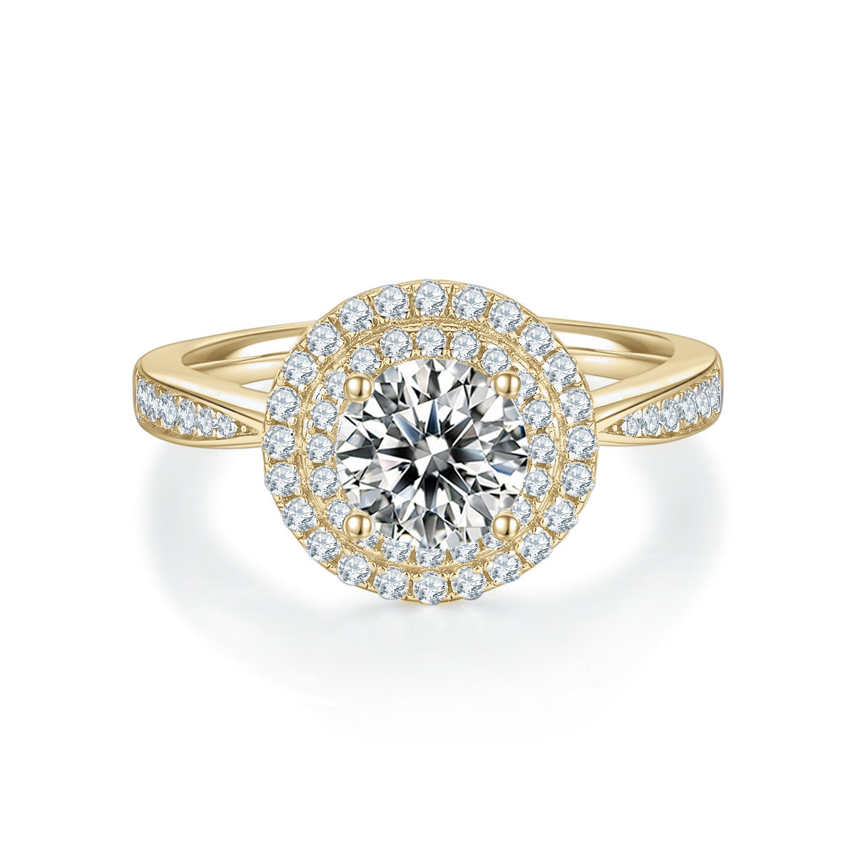 Melanie Round Moissanite Double Halo Engagement Ring in 18K yellow gold plating, front view