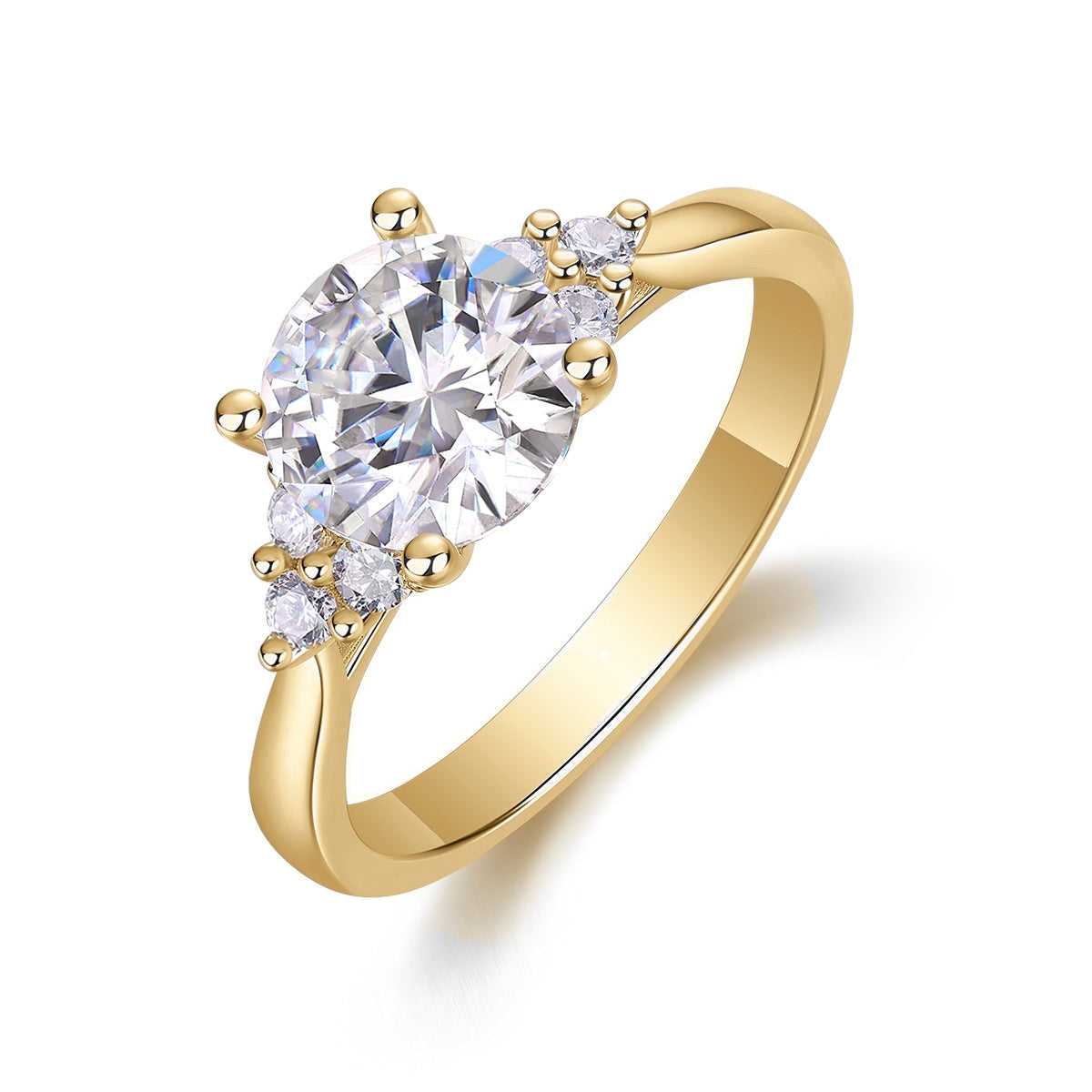 Melody Round Moissanite Side Stone Engagement Ring in 18K yellow gold plating